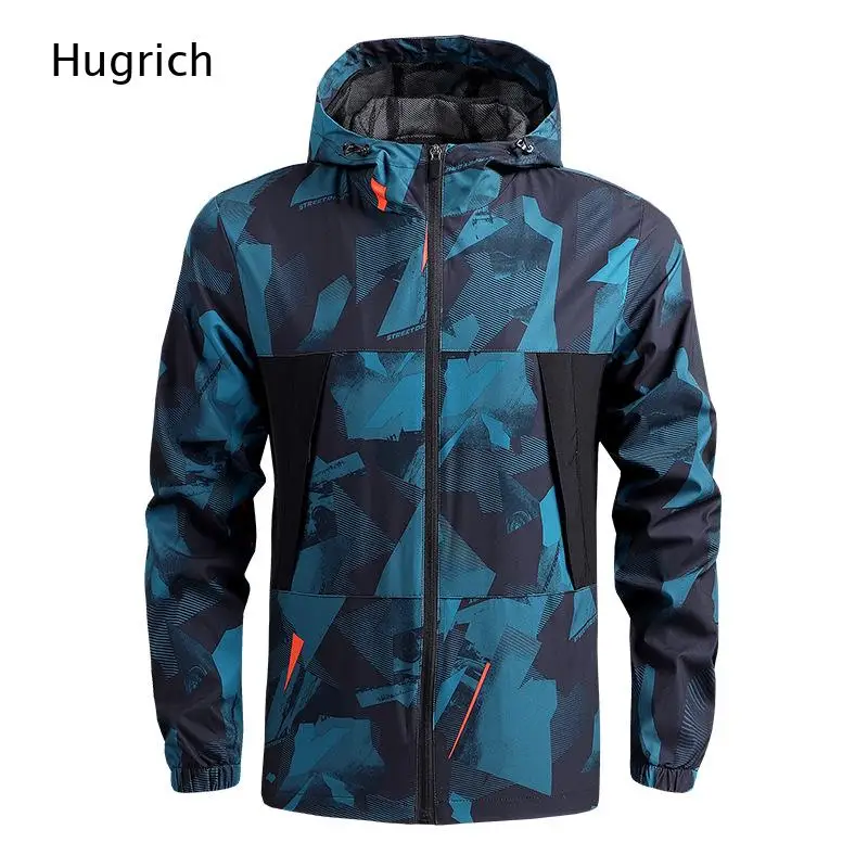 Grey Abstract Geometric Camo Print Hooded Jacket Men Streetwear Outdoor Hiking Windproof Lightweight Zip Up Windbreaker Coat