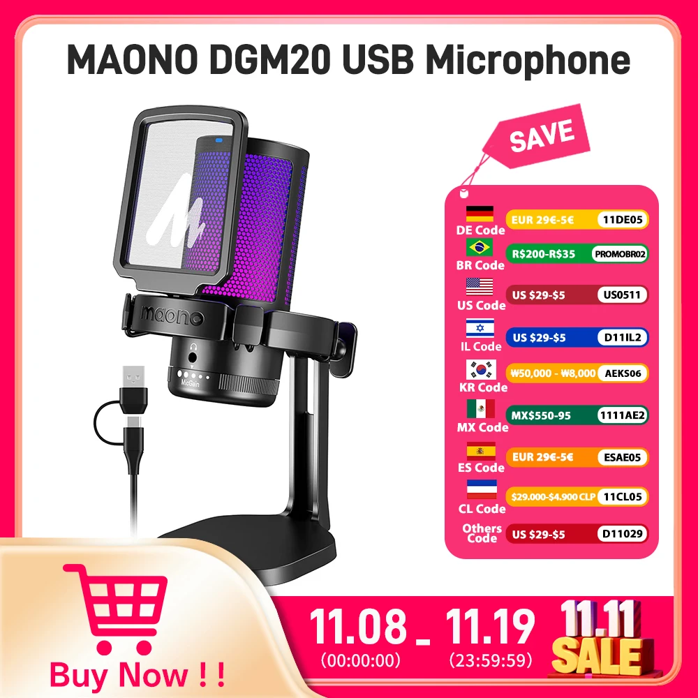 

Игровой микрофон Maono DGM20, USB-микрофон, конденсаторный микрофон, игровой микрофон RGB с программным обеспечением для шумоподавления, усиление микрофона, отключение звука одним ключом