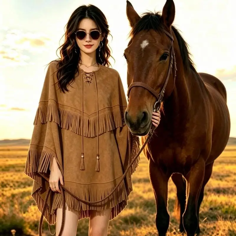 2026 Spring Autumn New Women Fashion Trendy Tassel Big Cloak Cloak Tops Unique Loose Cross Border Hot Selling Halloween Costume