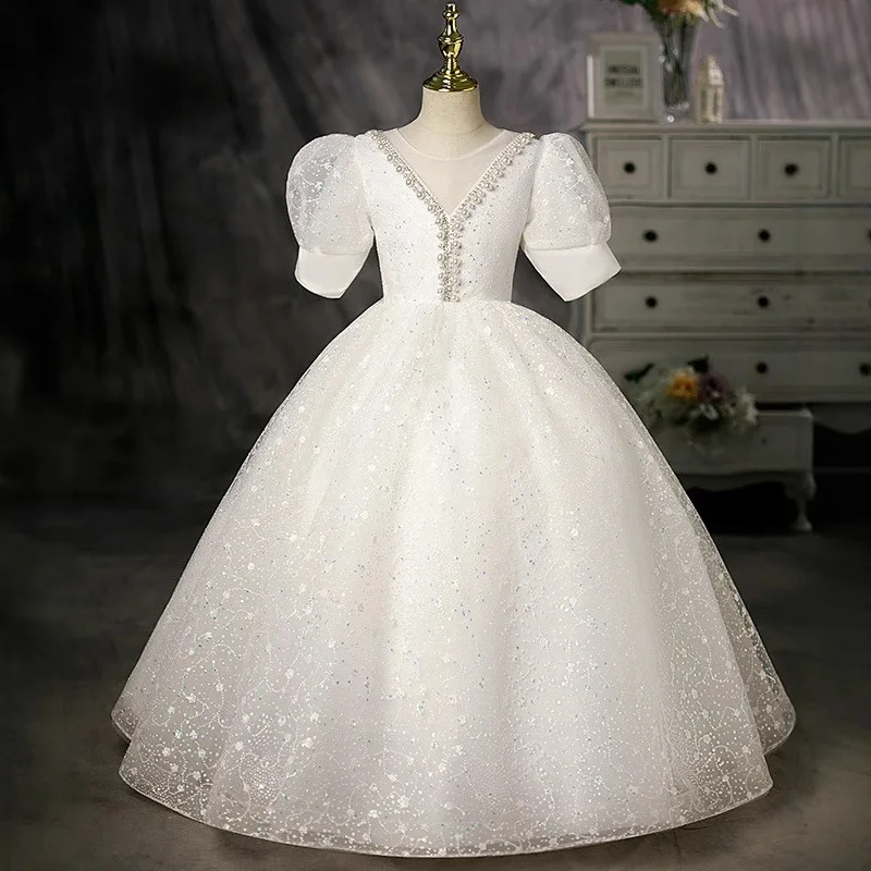 White Girl's Stylish Children's Wedding Princess High-end Feel Host Birthday Piano Performance Puffy Dress