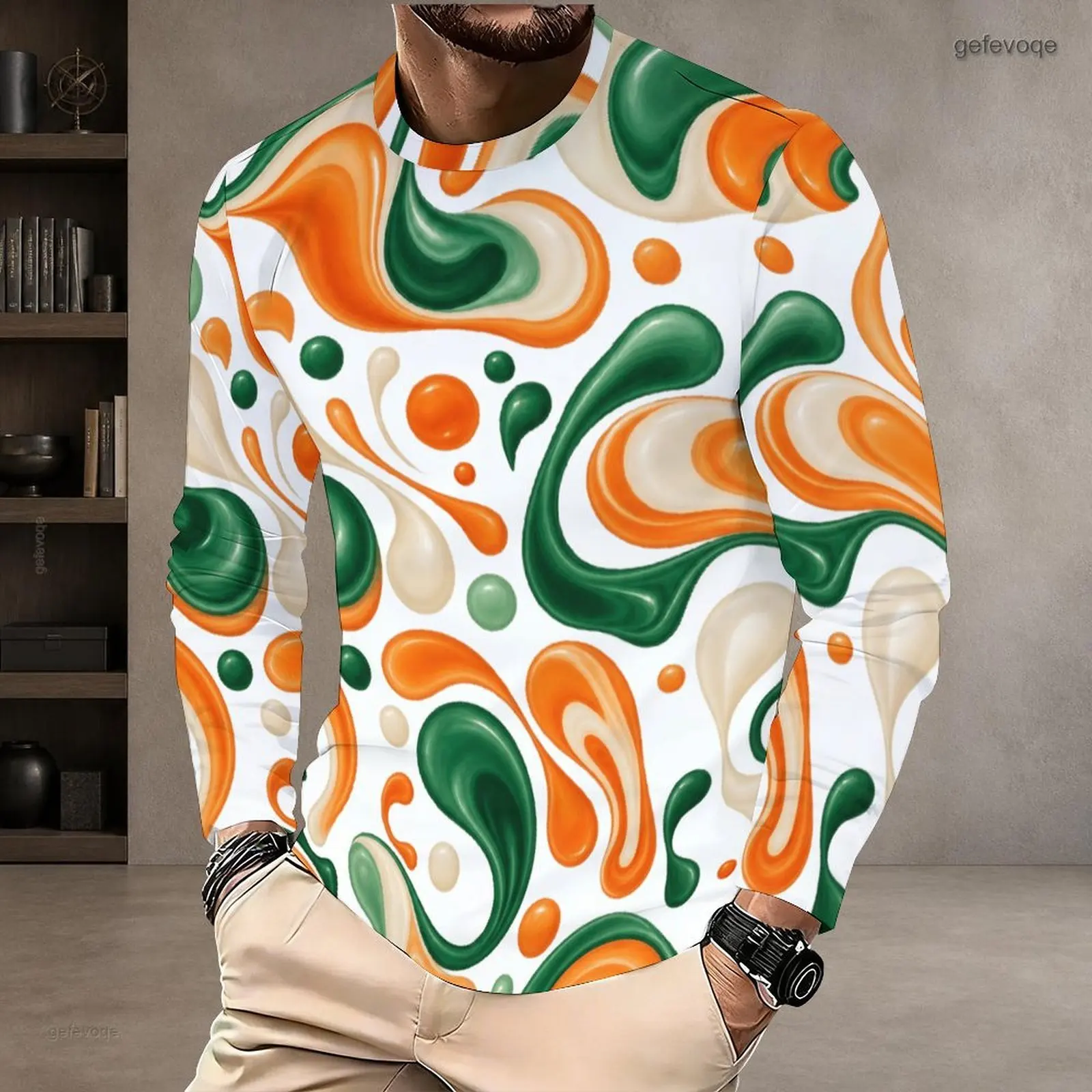 Men White Black Brown Beige Abstract Swirl Printed Round Neck Long Sleeve T Shirt