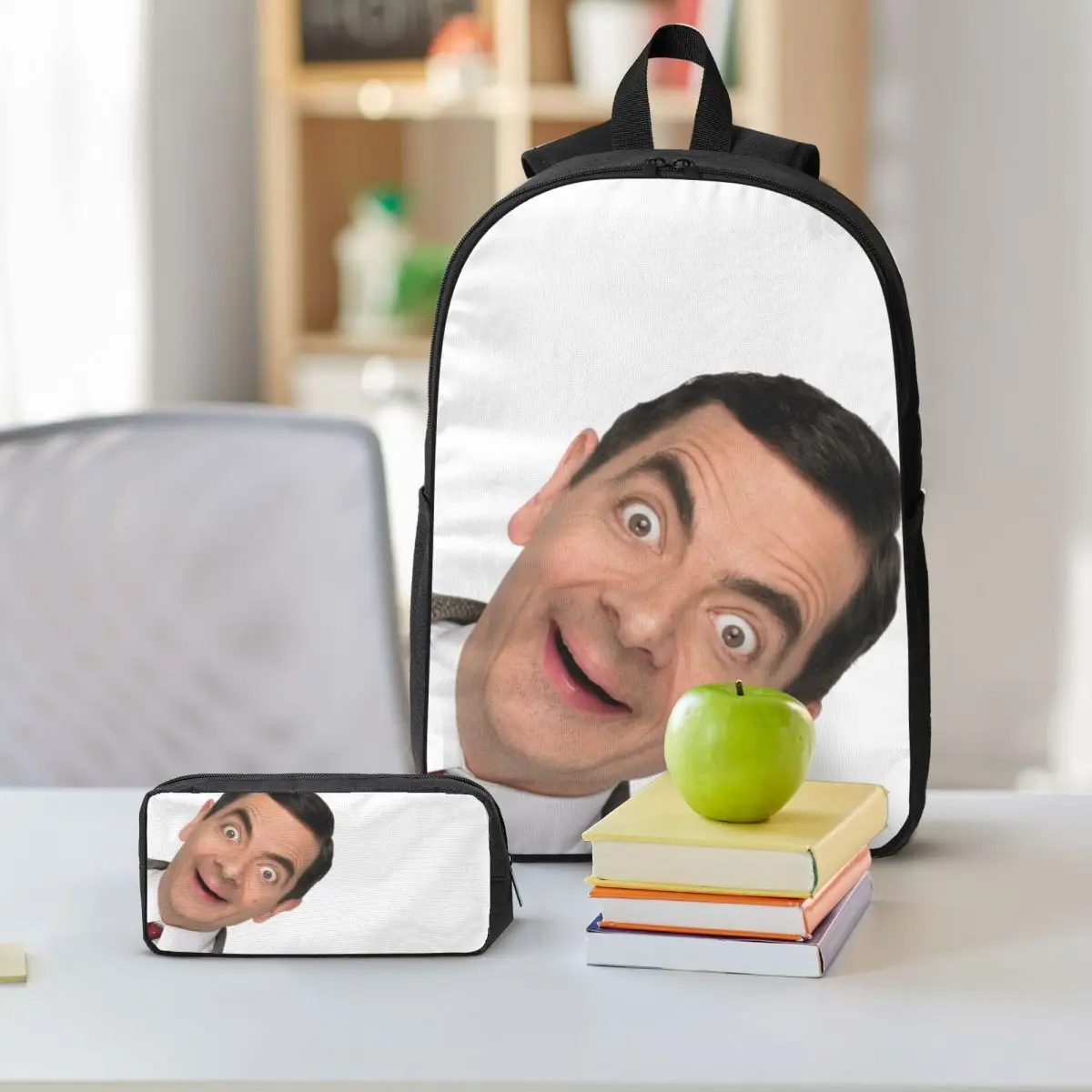 Mr. Bean กระเป๋าเป้สะพายหลังนักเรียนชายหญิง BookBag กระเป๋านักเรียนกระเป๋าสะพายคอมพิวเตอร์ 3ps ถุงอาหารกลางวันฉนวนดินสอกรณี