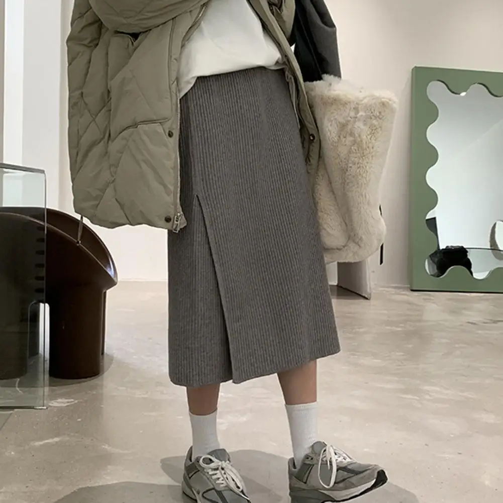 Breathable High-waisted Skirt Women’s High-waisted Midi Skirt Solid Color Knitted Skirt Autumn Winter Side Split Hem Versatile