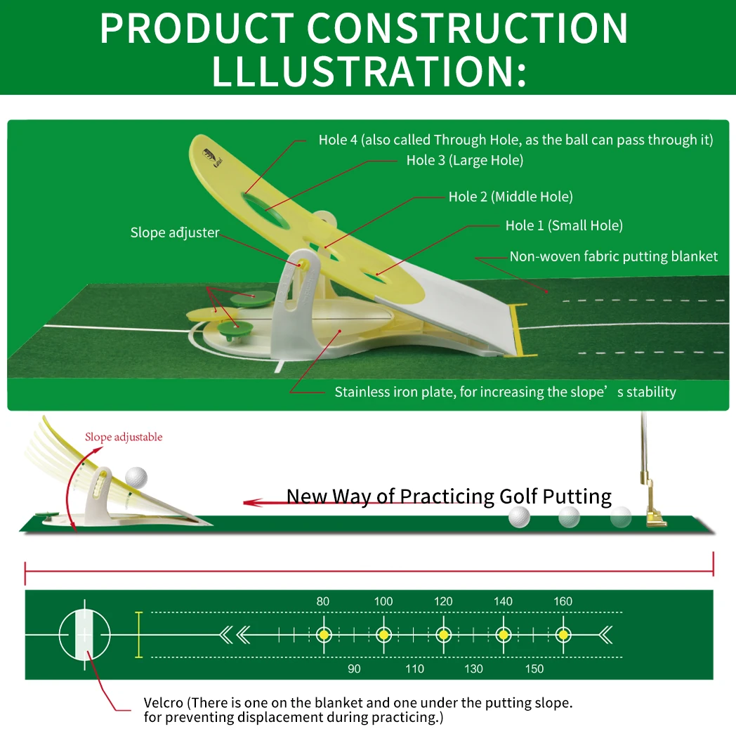 Caiton Golf Putting Mat: Portable Foldable Design, 6 Adjustable Slopes, Realistic Indoor Green with Auto Ball Return