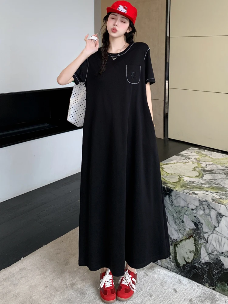 NYFS 女性のサマードレスルーズプラスサイズファッション半袖小さなポケット Tシャツロングドレスローブエテファムエルビス 2025 新しい