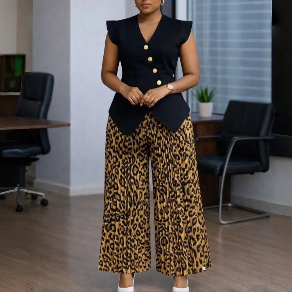 D632 Fashionable Sleeveless Buttoned Solid Color V-neck Top And Printed Pleated Wide-leg Pants Two-piece Set Birthday Dress Sexy view 3