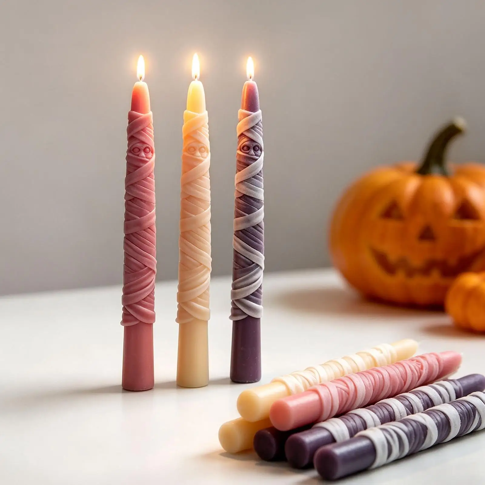 Halloween Mummy Candle Silicone Mold,3D Reusable Halloween Silicone Mould Wrapped Mummy Cone Taper Candle Mold for Resin Craft