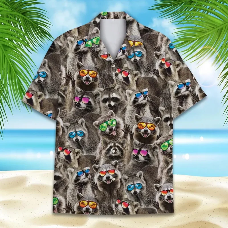 

Забавная гавайская рубашка с изображением енота для мужчин, тропическая рубашка для серфинга с енотом, рубашка алоха с коротким рукавом на пуговицах, подарок для отдыха на пляже для него