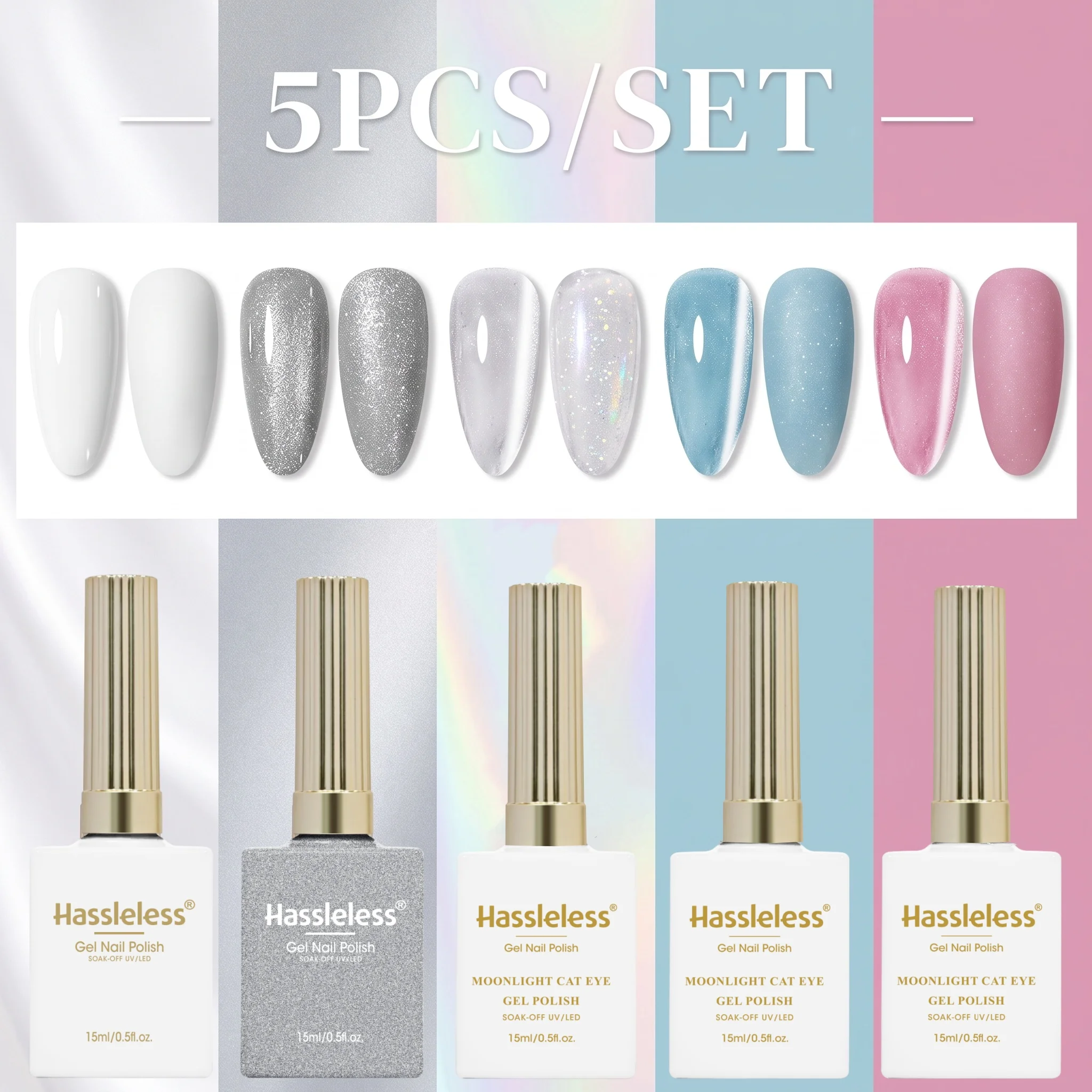 Hassleless 5Pcs Gentle Light-Toned Nail Polish Set, 5 Bottles in Total, Including Pure White, Fine Silver Glitter, Translucent White, Ice Blue, and Nude Pink in Five Colors, with Clean and Soft Tones, Allowing for Free Color Mixing and Combining, Making the Nails Look Fresh and Clean When Applied, Creating a Simple and Attractive Everyday Nail Design.