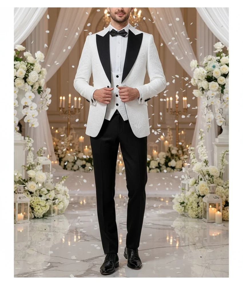 

Graceful Men's White Jacquard Suit 3-Piece Set with Black Velvet Lapel - Formal Wedding/Gala Slim-Fit (Blazer+Vest+Pants)