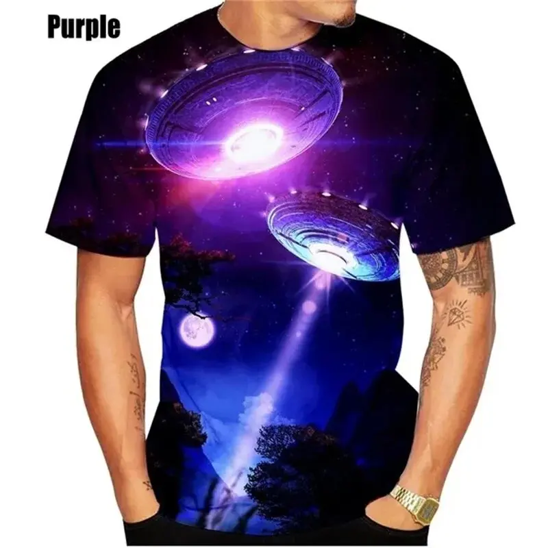 Nave espacial masculina com gola redonda camiseta de manga curta, blusa esportiva casual, nova moda verão, plus size