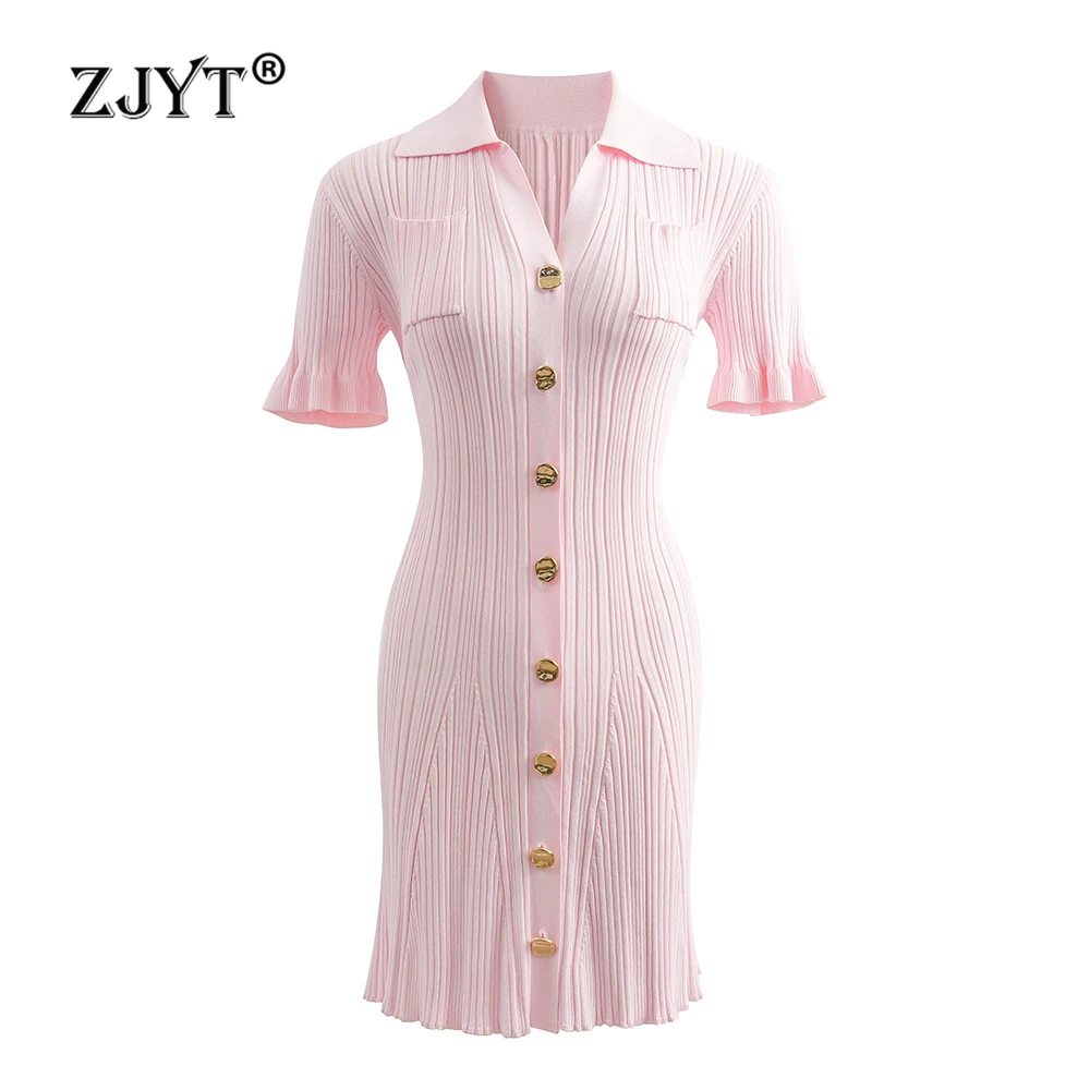 

ZJYT Elegant Summer Knitting Sweater Dresses for Women 2024 Short Sleeve Pink Sheath Mini Party Dress Female Vestidos Knitwears