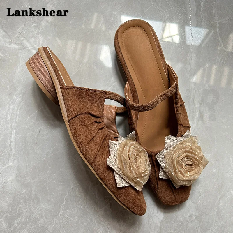 Folded Rose Flower Square Toe Low Heel Muller Single Shoes Baotou Half Drag Sandals Women's Outerwear New Summer All-Match Shoes