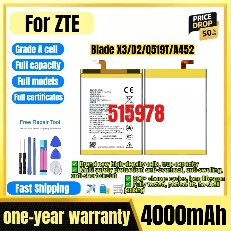 515978 for ZTE Blade X3/D2/Q519T/A452 Phone Battery Original   High Capacity Battery Replacement Bateria Grade A Cell with Tools