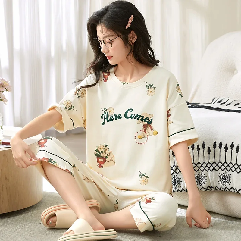 

New Summer Fashion Printing Plus Size M-3XL Sleepwear for Young Girls Soft Cotton Pajamas Women's Calf-length Pants Home Suit