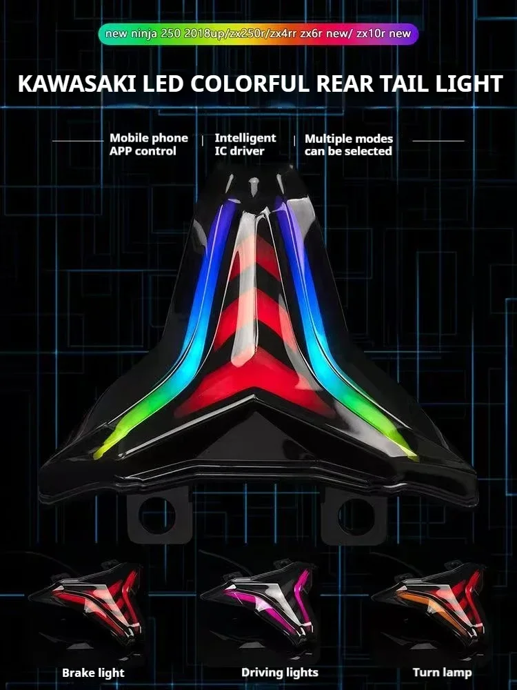 

Short tail Bluetooth LED tail light flow turn signal, suitable for Kawasaki Ninja 400 ZX4R ZX6R motorcycle license plate