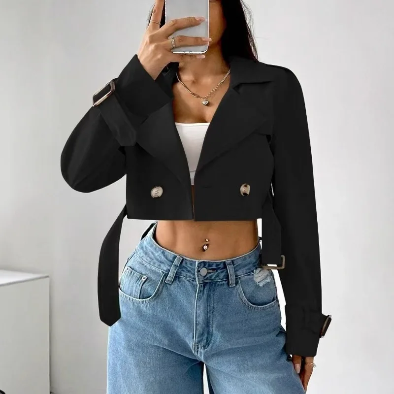 

New Autumn and Winter Women's European and American Style Belt Long-sleeved Short Casual Windbreaker Jacket Lapel Top
