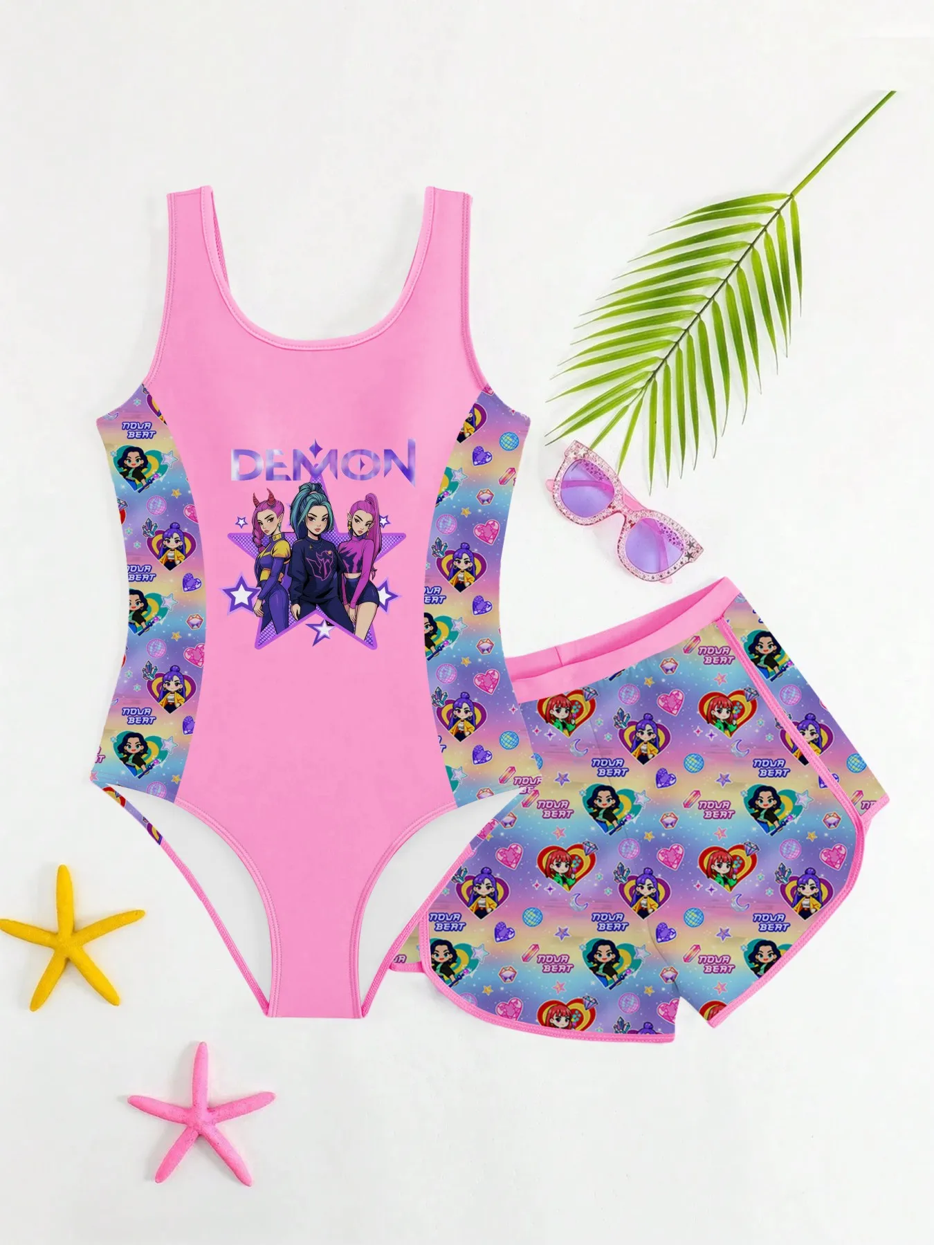 Kids Girls 2 Piece Demon Cartoon Print One Piece Swimsuit with Skirt Cover Up Summer Beach Swimwear