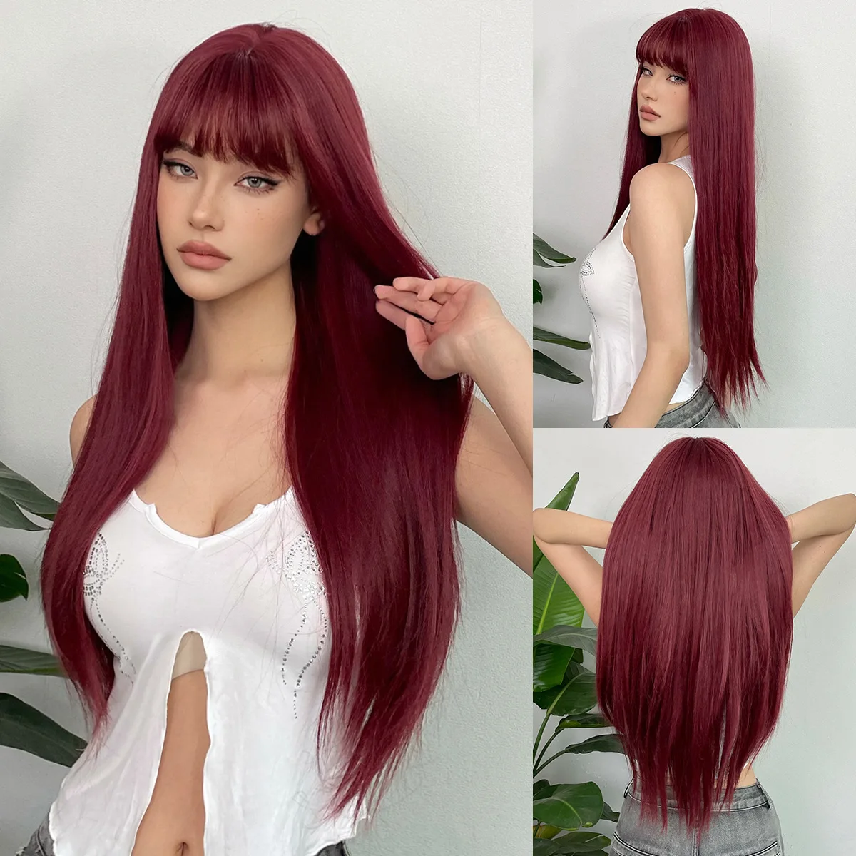 Burgundy Synthetic Wig With Long Straight Air Bangs Cosplay Wig Women Wear Natural Heat-Resistant Full Head Covers Every Day