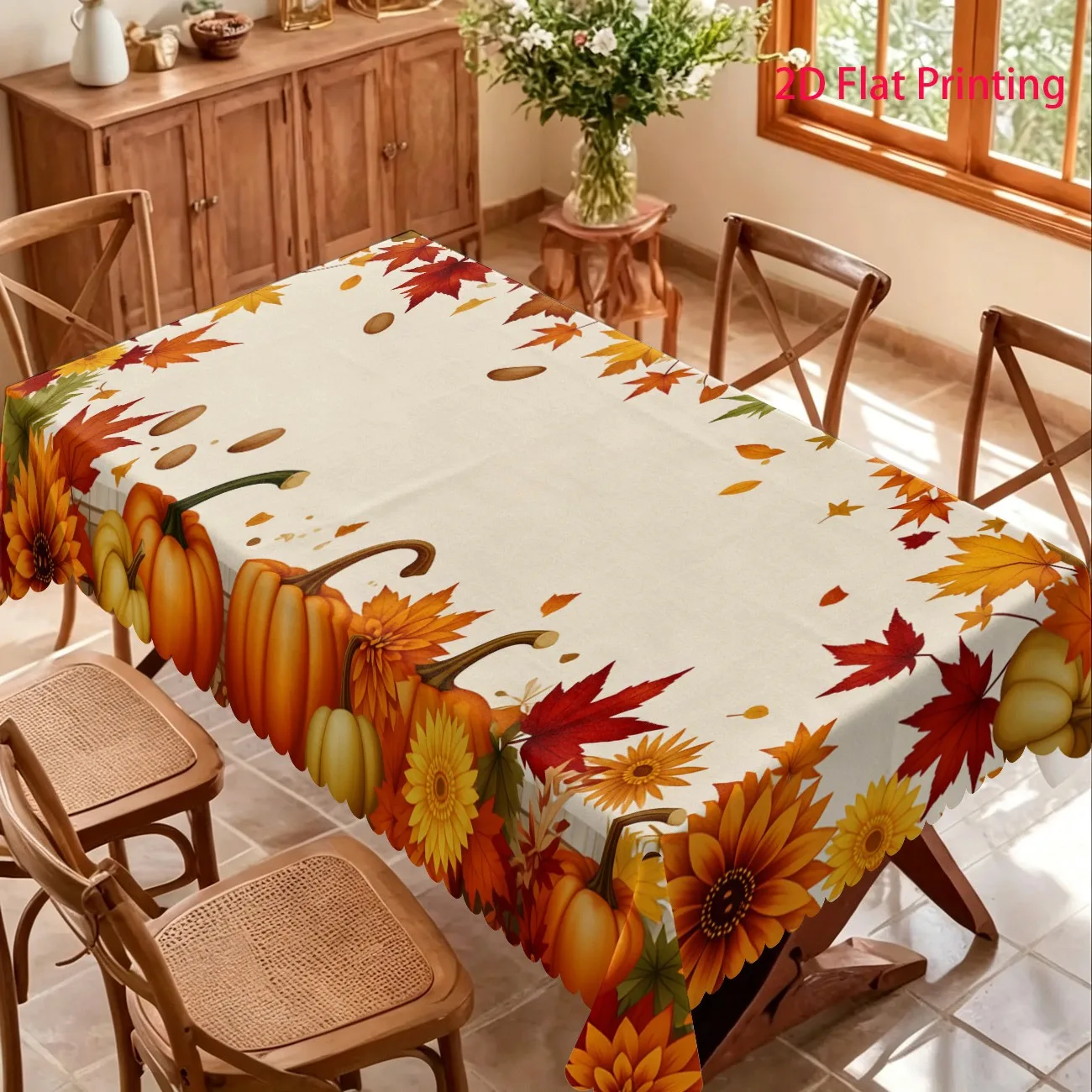 1pc Autumn Harvest Pumpkin, Sunflower and Maple Leaf Decorative Tablecloth. The base features a pumpkin.zyc