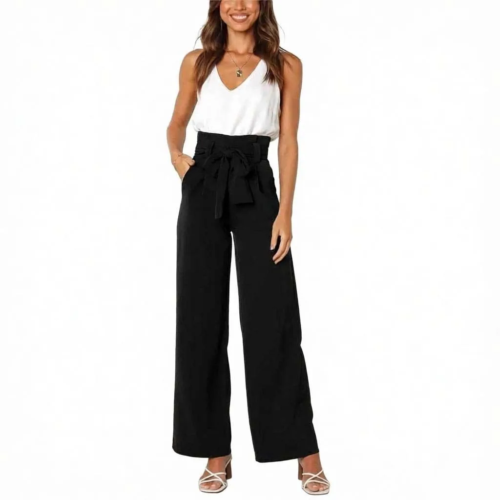 Women's Polyester Wide Leg Pants Solid High Waist with Tie Bow Detail Medium Stretch for Fitness Holiday Beach Wear
