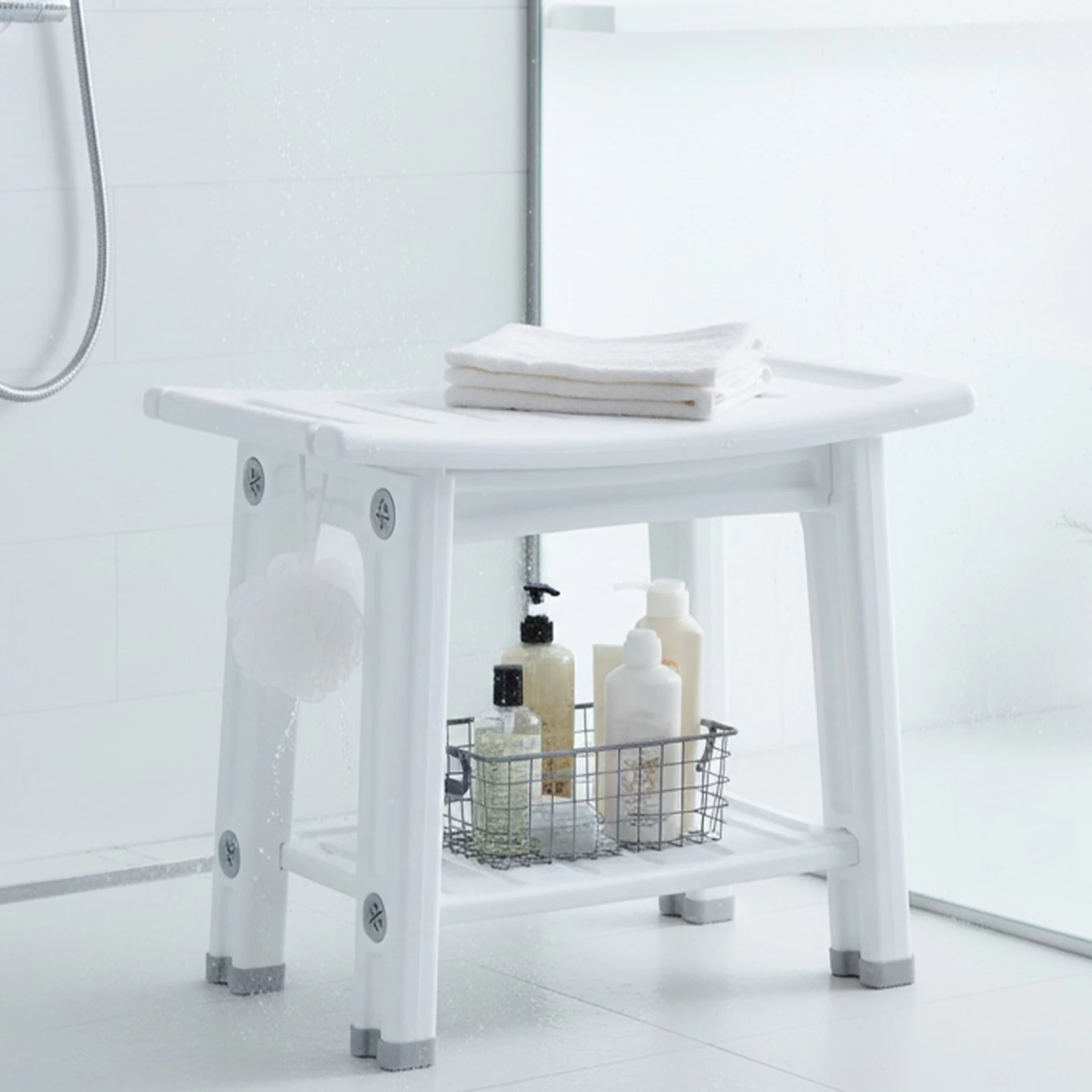 

Водонепроницаемая скамья для душа с регулируемыми ножками, стул для ванной комнаты, 2-уровневая полка для хранения для пожилых людей и беременных женщин
