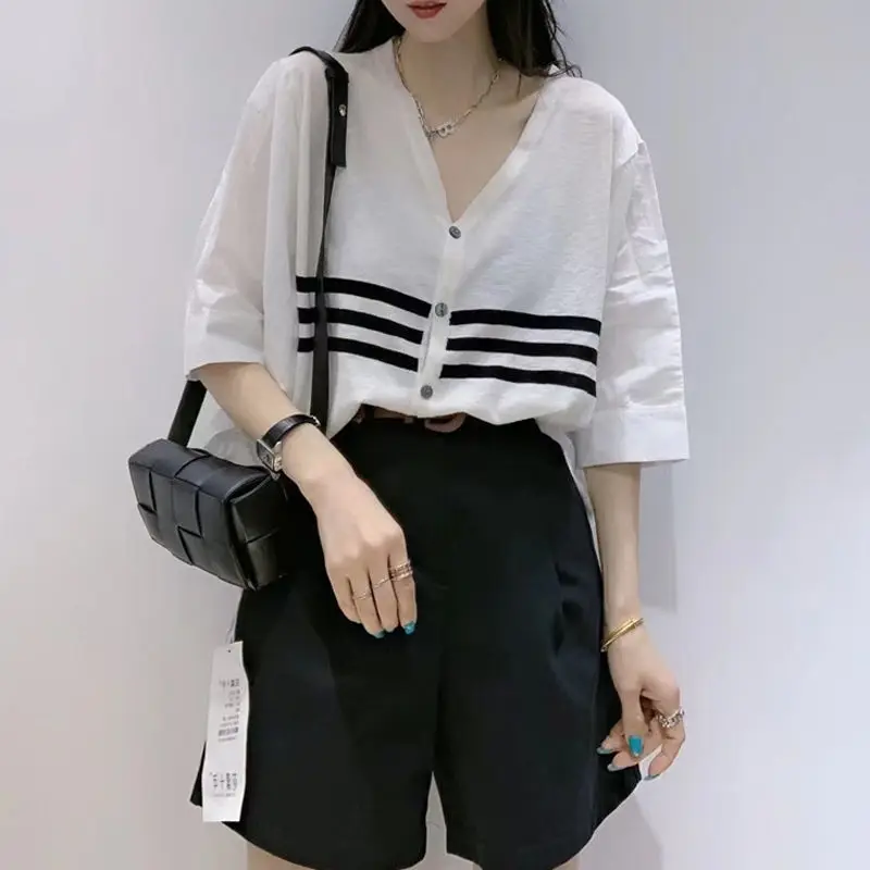 Streetwear Gestreiften Patchwork Midi Bluse Drei Viertel Frühling Sommer frauen Kleidung V-ausschnitt Casual einreiher Lose Shirt