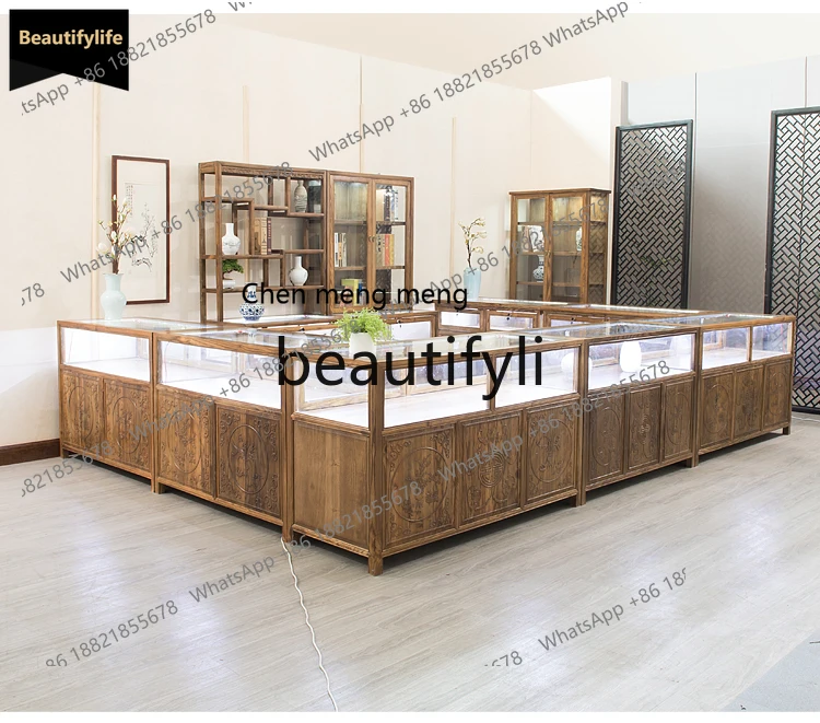 

GG Jewelry Display Cabinet Solid Wood Antique Elm Jewelry Jade Display Glass Counter