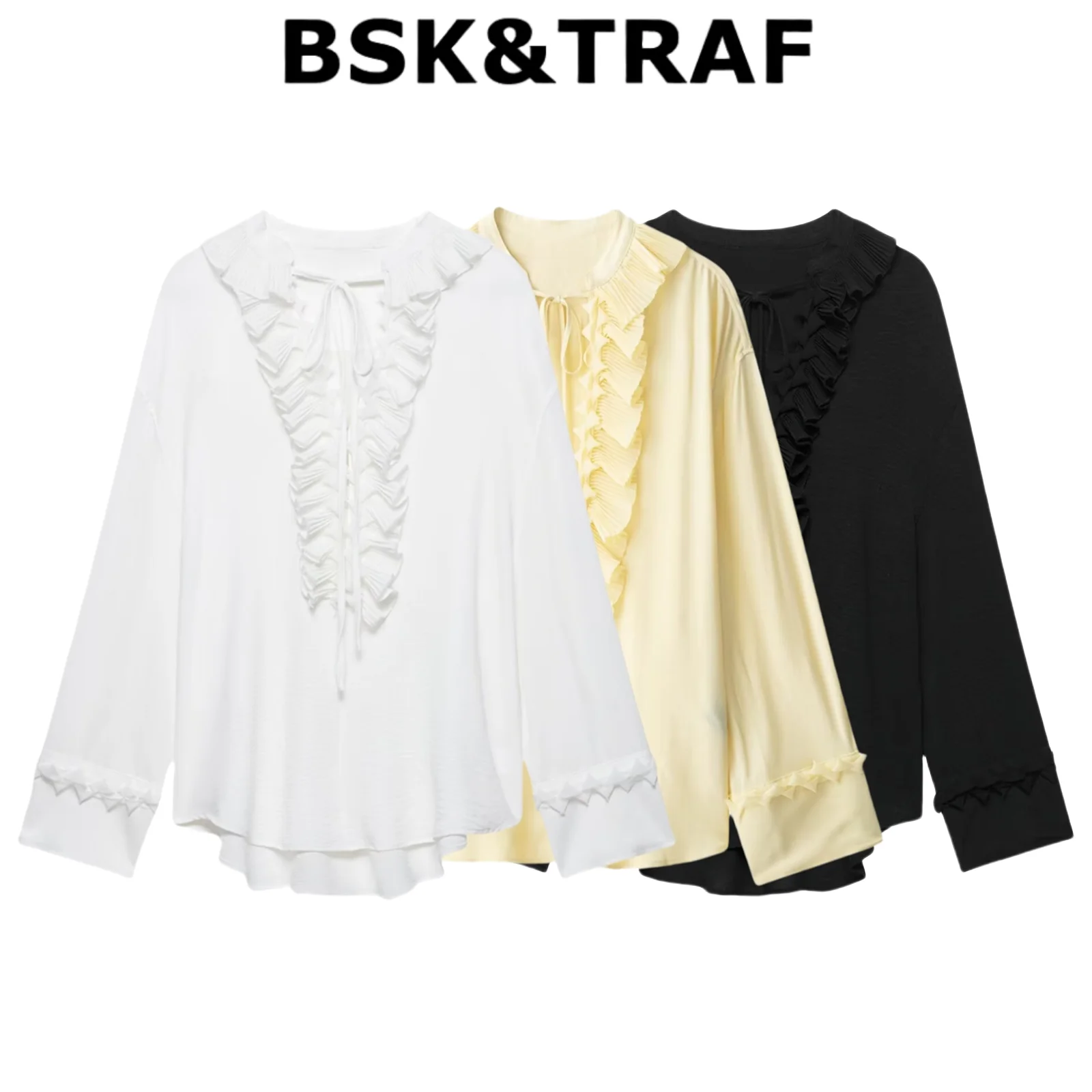

BSK&TRAF2025 New Summer Women's Multi-color Selection Temperament Elegant Ruffle Loose V-neck Shirt French Chiffon Skirt