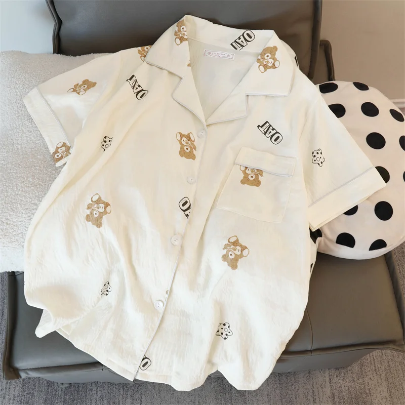 2XL Fun Letter Bear Print Pajamas for Women Cartoon Sweet Cute Casual Women 2 Piece Set Homewear Simple Sleepwear Pajamas Set