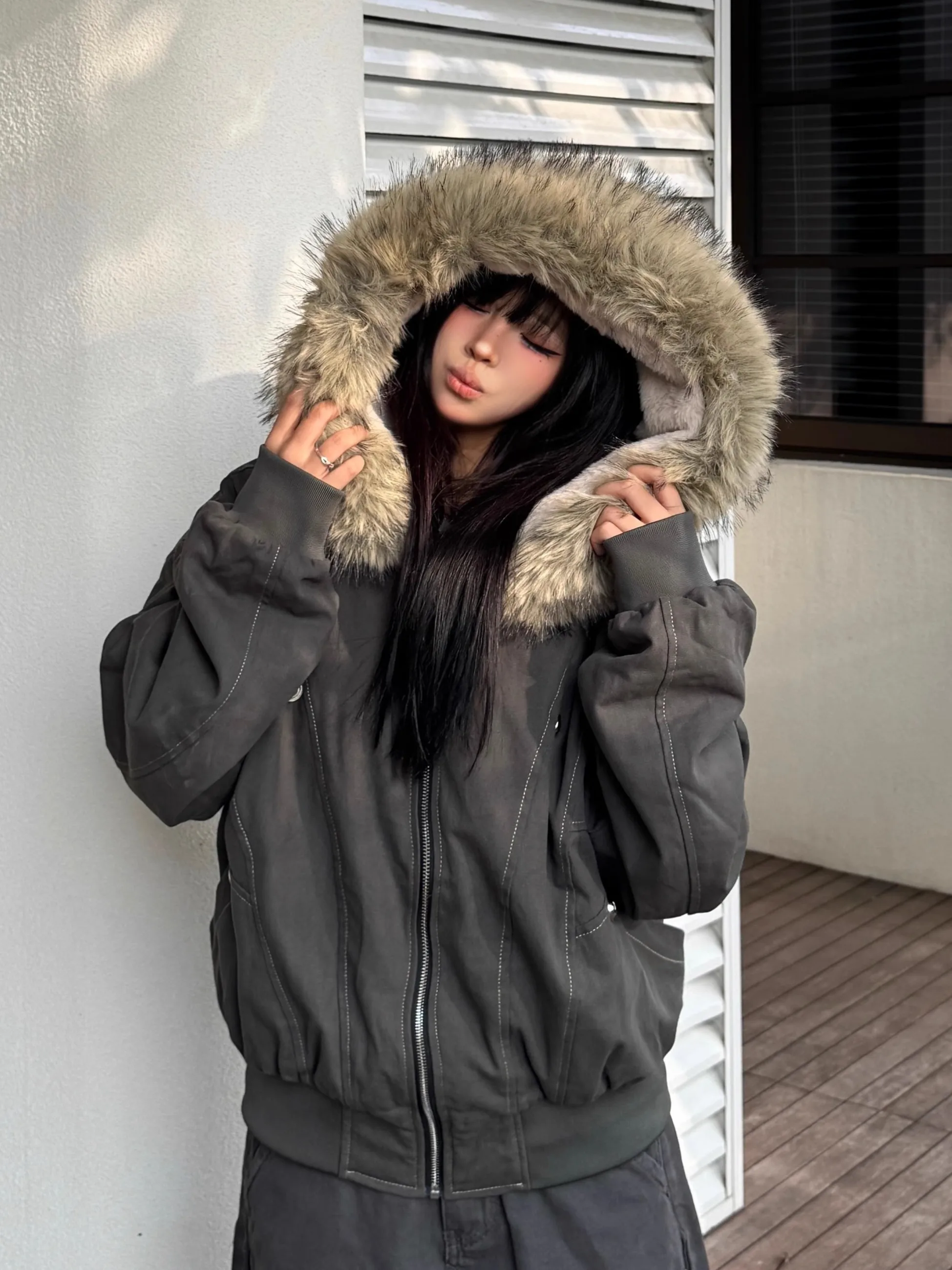 

Women's ort Parka Jaet Du down Cotton Coat Fur Collar Hooded American Retro Sle Winter Outerwear Long Sve Zipper C...