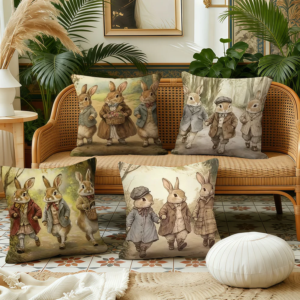Retro Rabbit and His Friends cushion cover Plush Fabric Soft Double Sided Print Sofa Cushion Cover Throw Pillow Covers