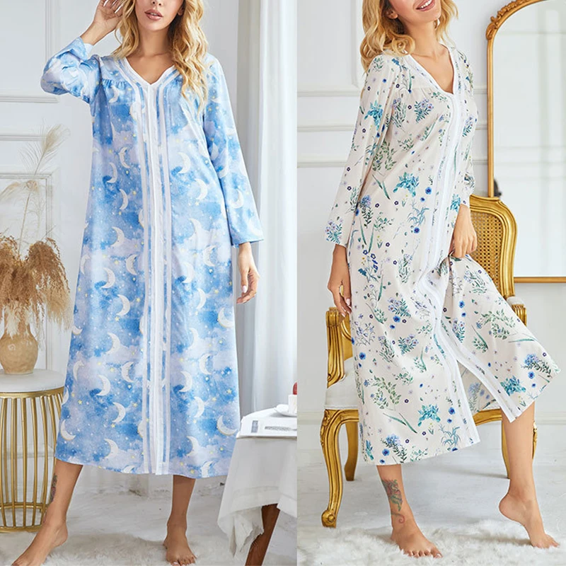 

Autumn Nightdress Print XXL Plus Size Long Sleeves Pullover Slit Nightd Long Nightdress Women's Shirt Dress Pajama Sleepwear