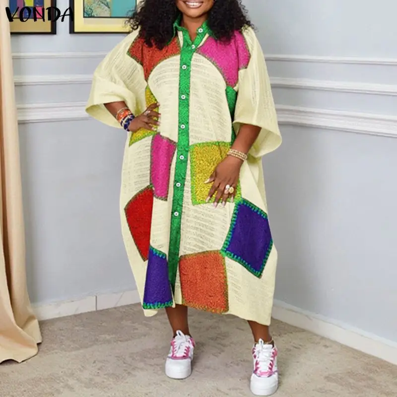 Plus Size 5XL VONDA Bohemian Long Dress Women Lapel 3/4 Sleeve Color Patchwork Party Vestidos Casual Vintage Oversized Robe