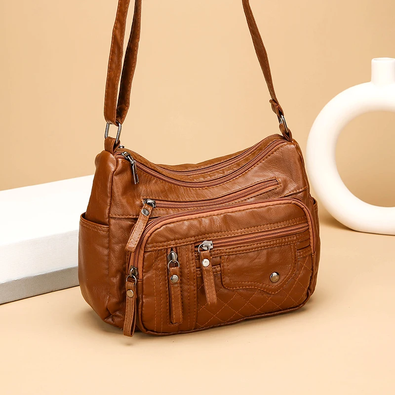 Chic Soft PU Leather Shoulder Bag, Large Capacity Crossbody Bags with Adjustable Strap, Zipper Closure, Polyester Lined, Daily W