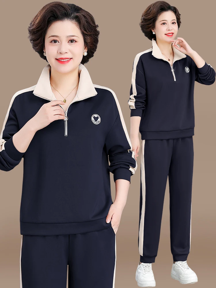 

Faionable Midlife Mom Sportswear Set Casual Women's Two-Piece Suit Autumn Collection Loose Fit Long Pants Zipper Closure