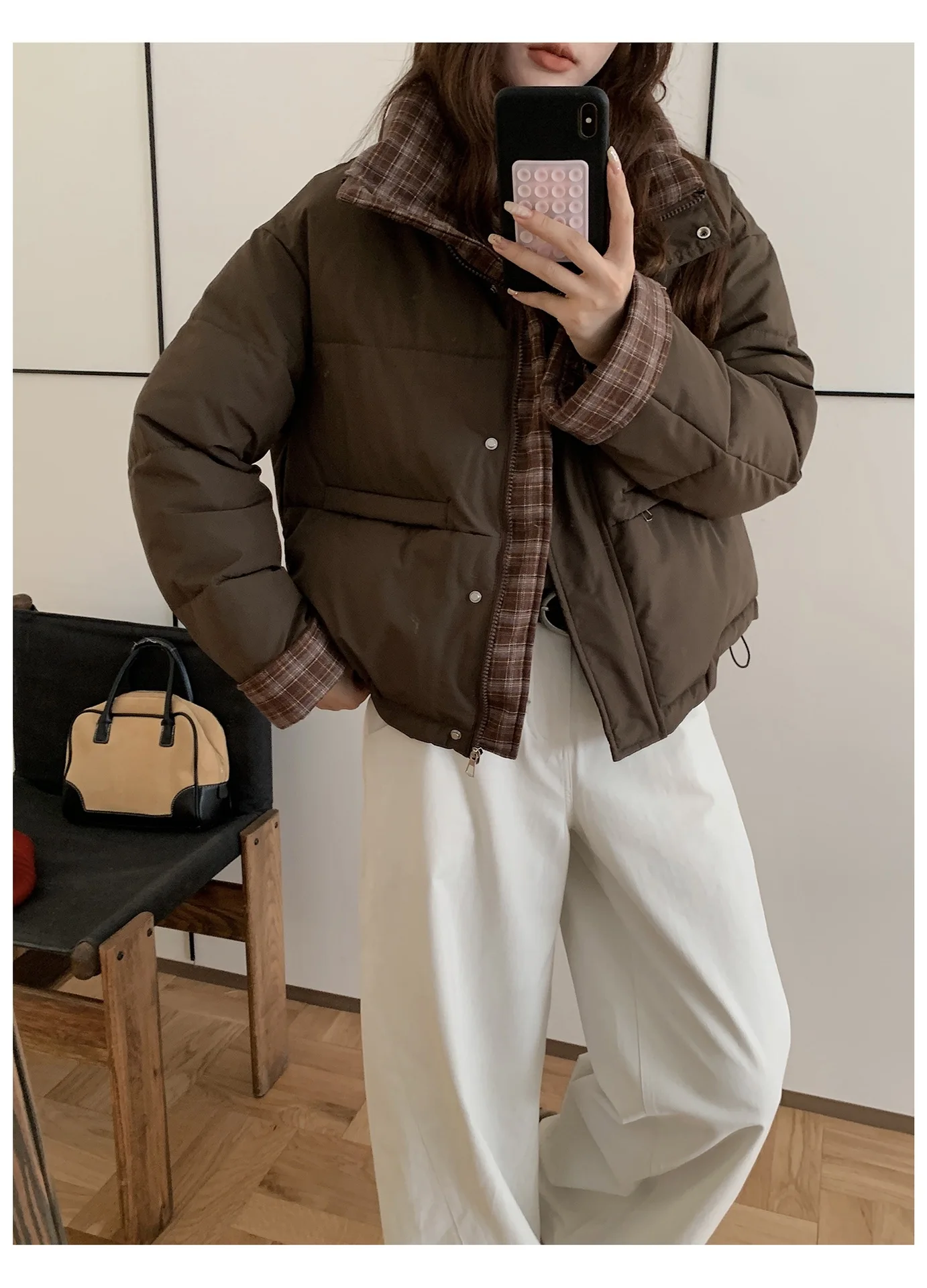 American Plaid Patchwork Puffer Jacket Women Winter Thick Stand Collar Short Parkas Woman Korean Casual Preppy Style Outerwear