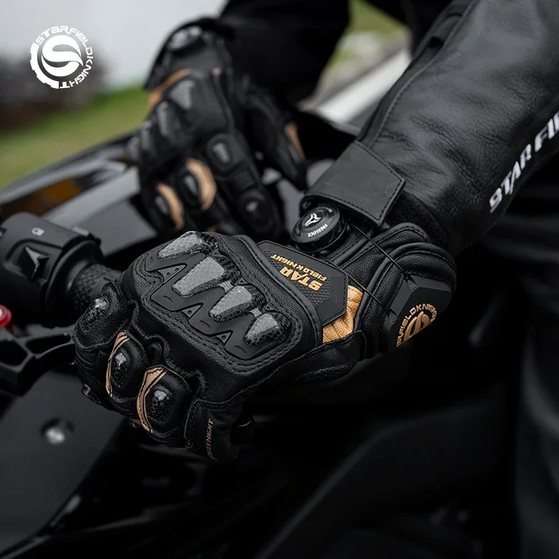 

SFK black motorcycle racing genuine leather gloves knob tightening wear resistant shock-absorbing fingertip touch design LUVAS