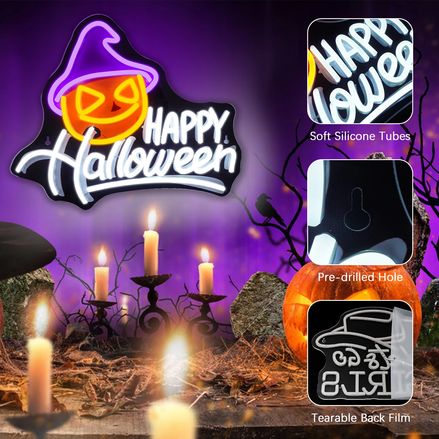 ป้ายไฟนีออนรูปฟักทองฮาโลวีน แบบพิมพ์ UV ใช้พลังงานจาก USB สำหรับตกแต่งผนังห้องครัว บาร์ ห้องนอน งานปาร์ตี้ฮาโลวีน