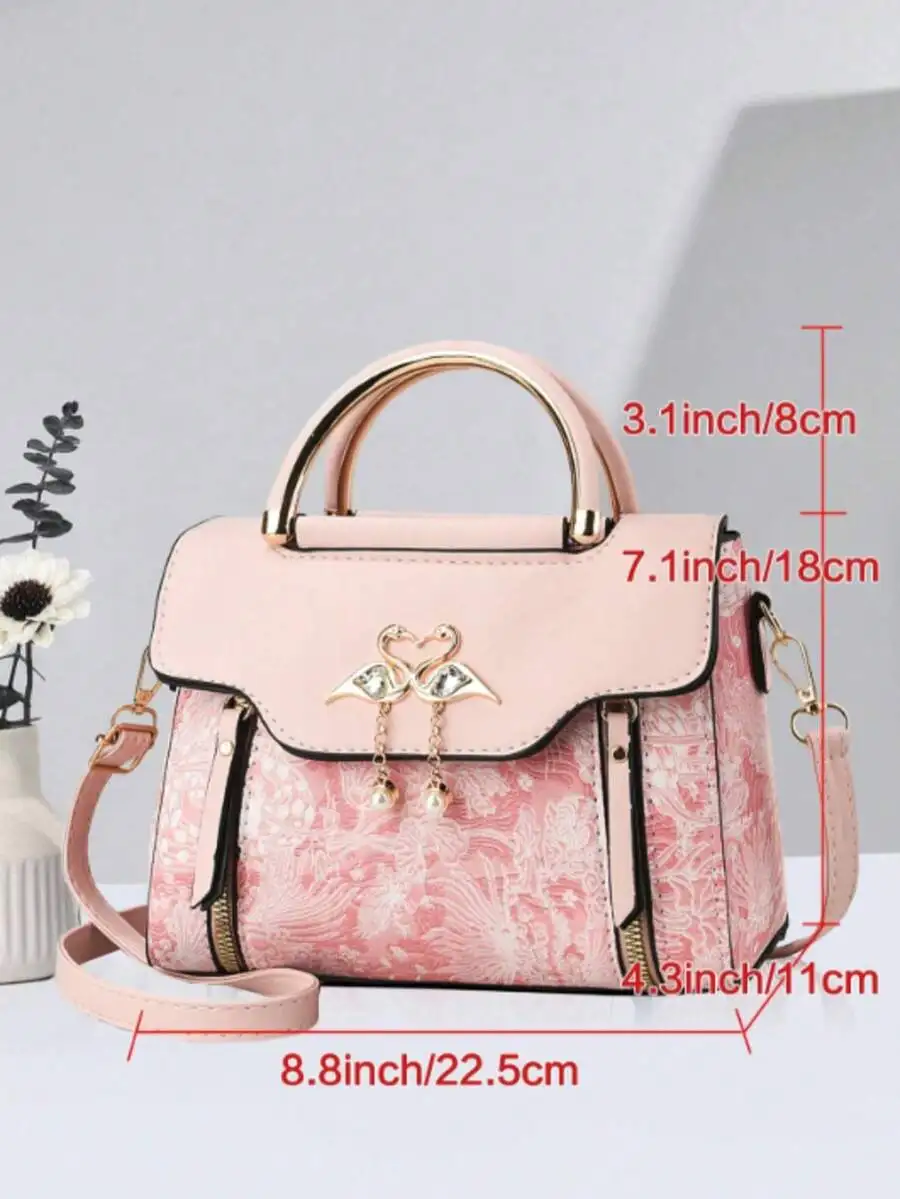 Women Floral Print Mini Top Handle Crossbody Bag With Flamingo Decor
