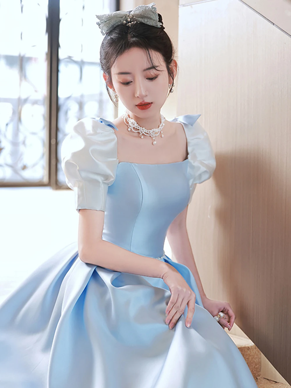 

Women Elegant Evening Dress French Style Square Collar Bow Blue Satin Formal Dresses Princess Prom Gown Party Quinceanera Dress