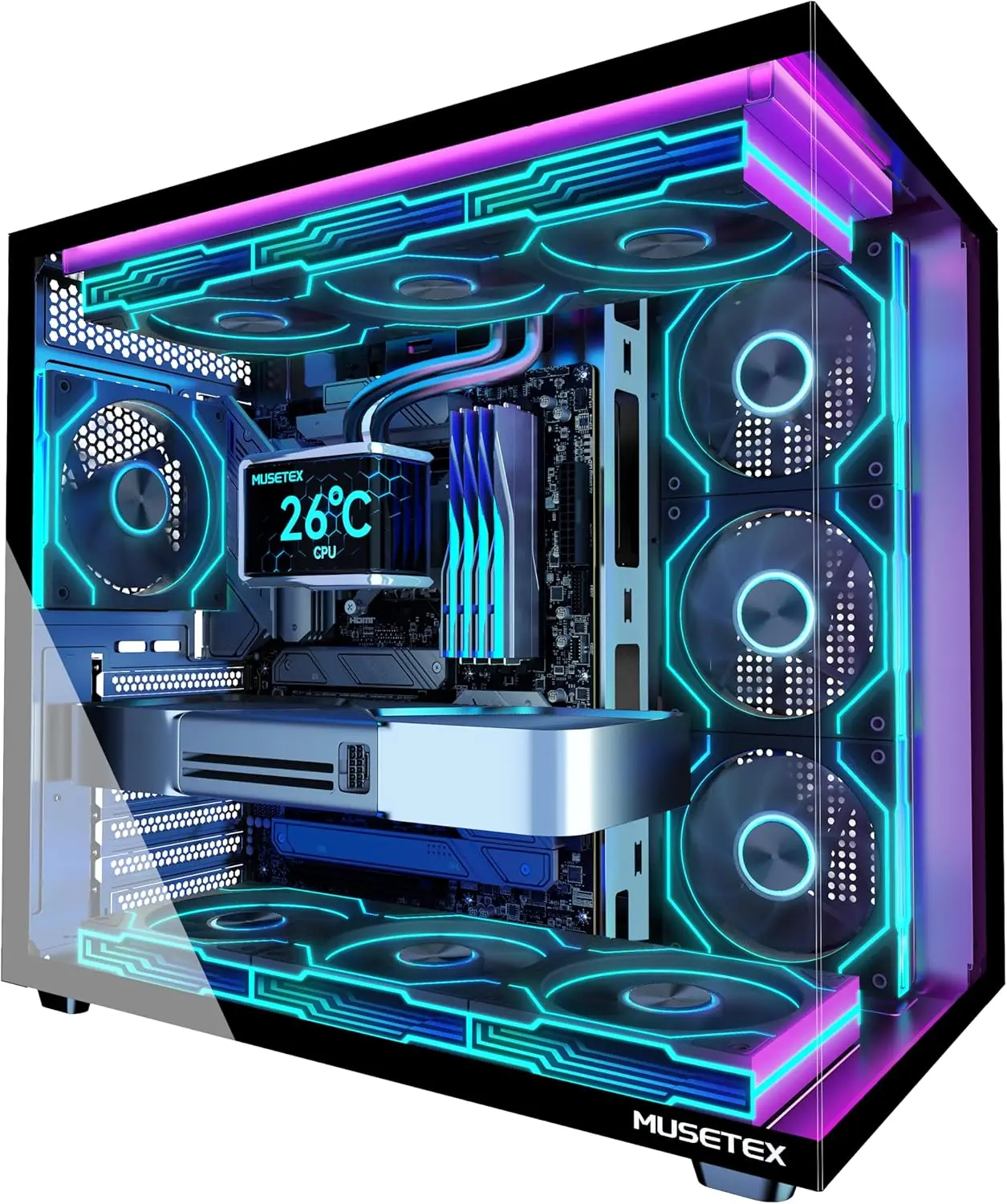ATX Mid Tower Gaming PC Case with 7 Infinity Mirror ARGB Fans, Type-C Port, 270° Full View Tempered Glass in Black