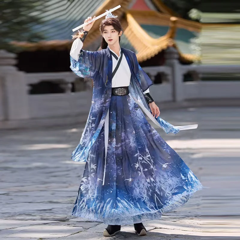 

Song Dynasty Water Ink Hanfu Men Women Chinese Style Bamboo Printig Cross Collar Costume Carnival Ancient Prince Cosplay Costume