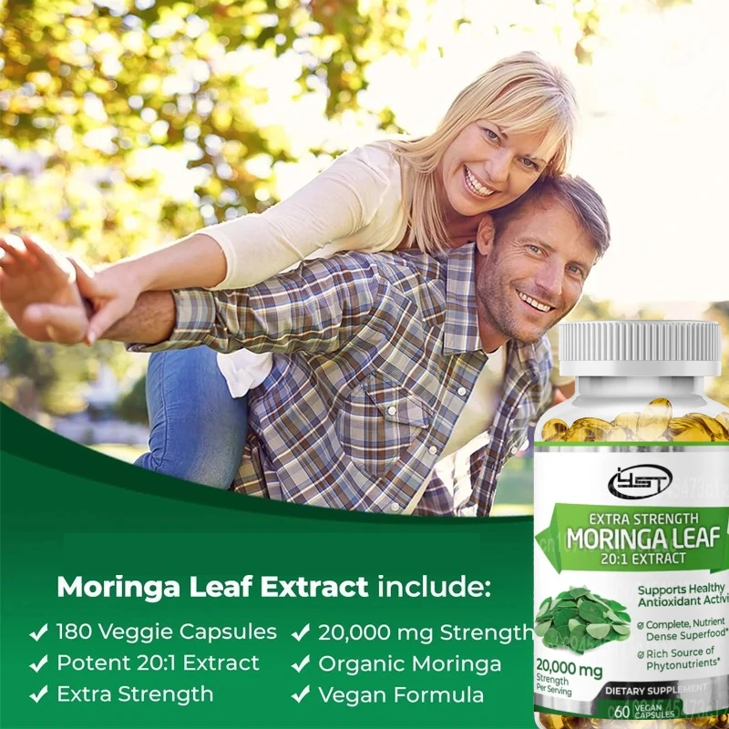 Organic Moringa 20:1 Extract, 60 Vegan Capsules, 100% Pure Oil Tea Super Food, All Natural, Non GMO