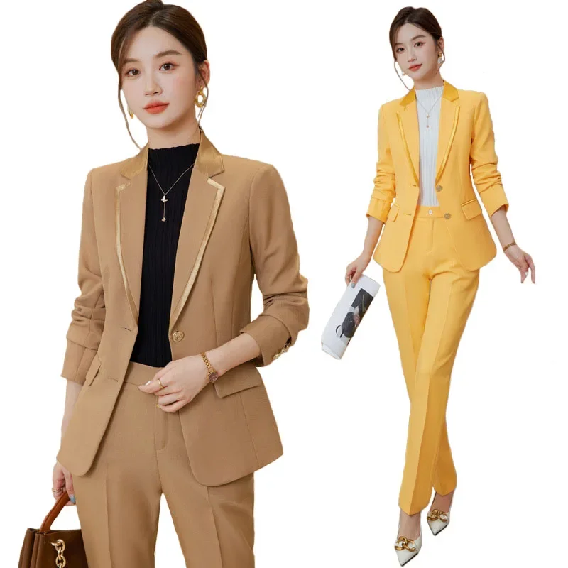 

Pop Fashion Ladies Pant Suit Women Yellow Black Blue Khaki Female Business Work Wear Jacket And Trouser Formal 2 Piece Set Blaze