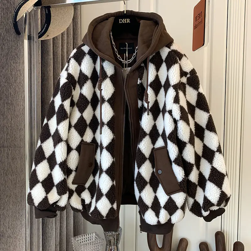 Women Retro Checkerboard Lambswool Hooded Teddy Coat Fake 2pcs Plaids Velvet Hoodies Jacket Sweatshirts Cardigan Streetwear Tops