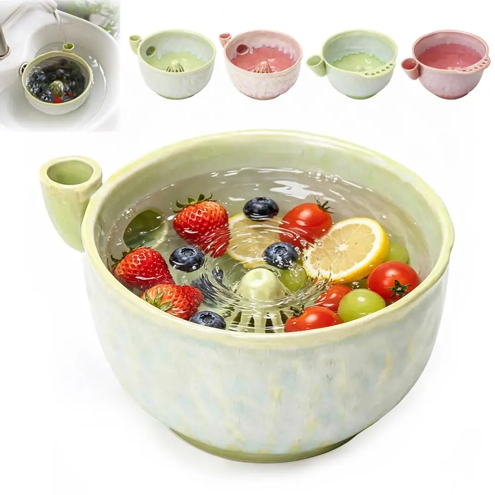 Vegetable Bowl Fruit Washing Bowl Ceramic Berry Washing Bowl with Handle Drain Holes Stoneware Fruit Rinse Colander Self-rinsing