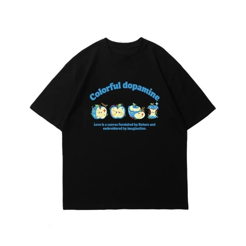 2026 new Unisex Black Oversized T-Shirt Colorful Dopamine Cute Cartoon Apple Graphic Casual Tee