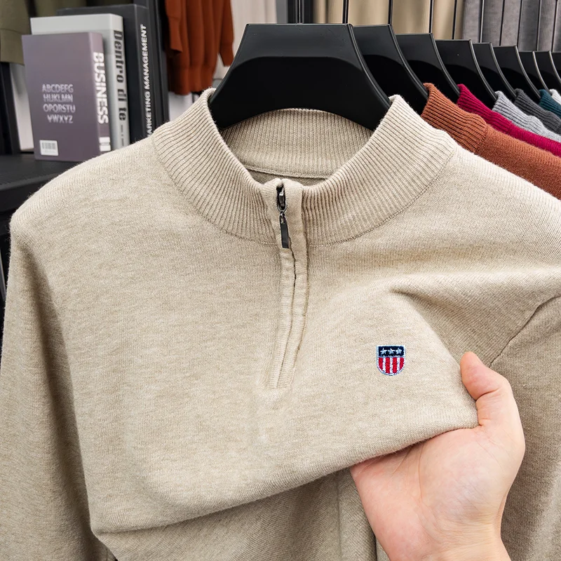 Fashion Man Long Sleeved Knitted Sweater Mock Neck Zipper Pattern Embroidery Autumn Winter New Pullover Leisure Warmth Men'sWear