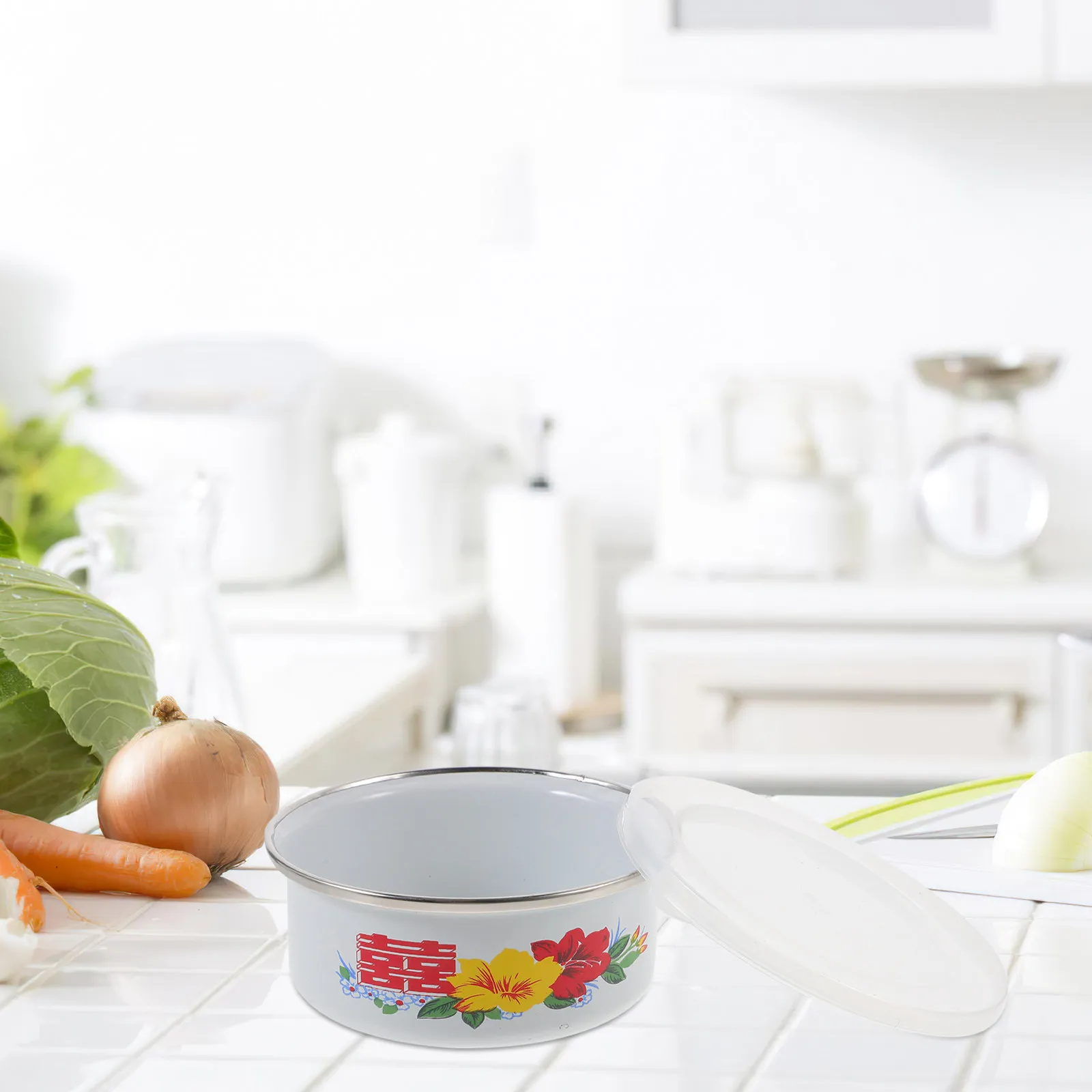 1Set Fresh Keeping Bowl Enamel Salad Noodle Bowl with Lid Food Storage Multi-Use Kitchen Supplies Lightweight Portable